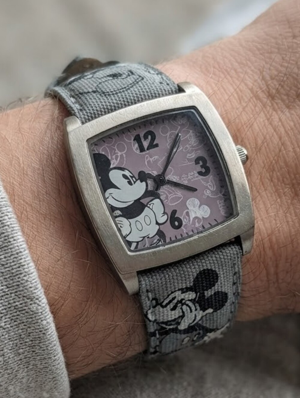Disney Mickey Mouse Vintage Watch Gray Canvas Strap Stainless Steel Square Case